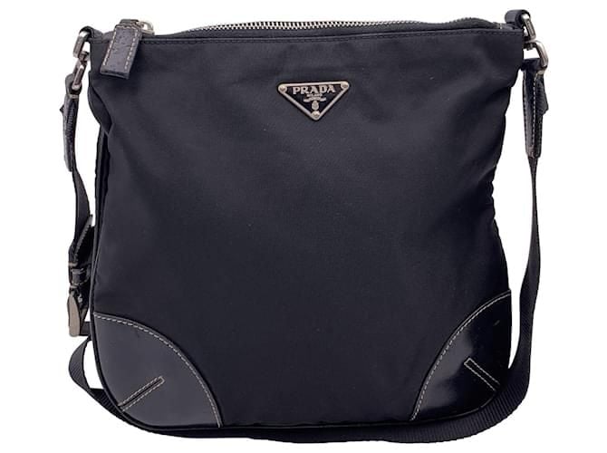 Prada Tessuto Nylon And Leather Messenger Crossbody Bag With Contrast Stitching